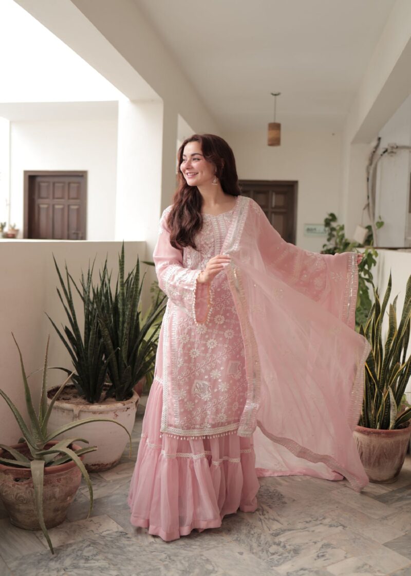 Hania Aamir - Baby Pink Shirt, Ghagra with Dupatta | 40% OFF - Image 2