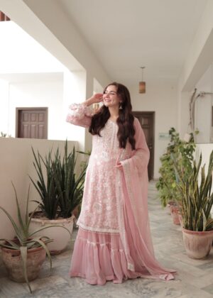 Hania Aamir - Baby Pink Shirt, Ghagra with Dupatta | 40% OFF