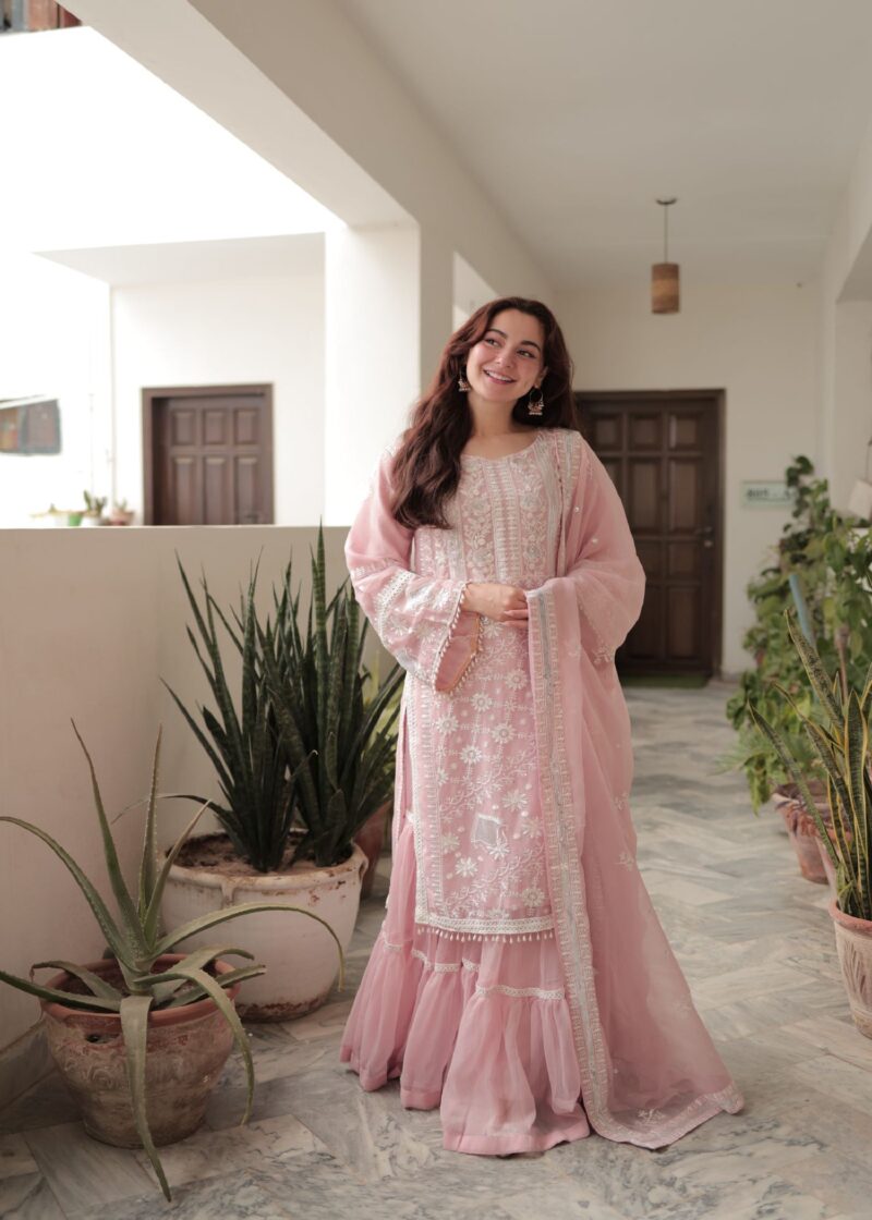 Hania Aamir - Baby Pink Shirt, Ghagra with Dupatta | 40% OFF - Image 3