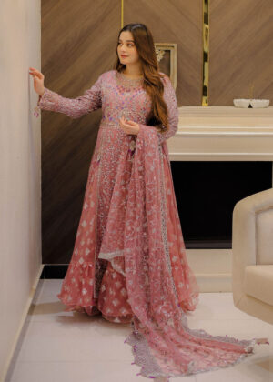 Aiman Khan - Tea Rose Long Shirt, Lehenga, Potli and Dupatta